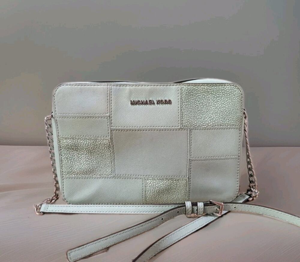 Michael Kors Jet Set Large Camera Bag Mint Green Patchwork Tiles Crossbody Purse